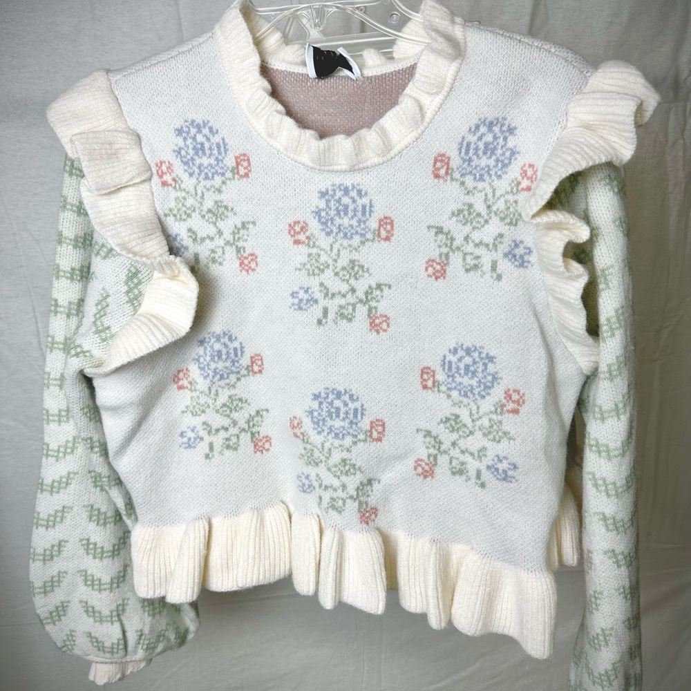 Floral Ruffle Knit Sweater in Cream - Picture 3 of 7